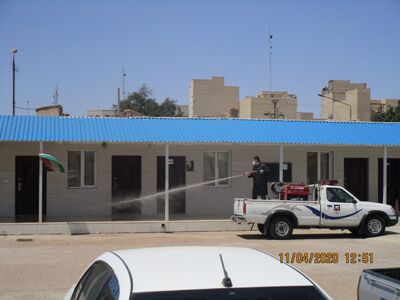 محوطه ستاد شرکت آب غدیر خوزستان، بطور مستمر ضدعفونی می شود